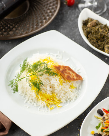 Azerbaijani national dish Pilaf with meat and herbs called Sebziの写真素材