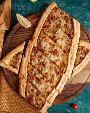 Turkish fast food Lachmachun meat on dough with lemonの写真素材