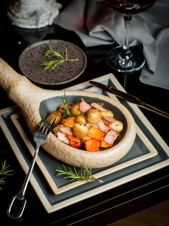 Gourmet cuisine young potatoes with sliced veal in a rustic clay dish baked in the ovenの写真素材