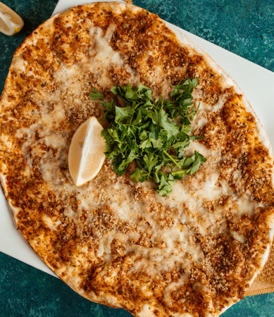 Turkish fast food Lachmachun meat on dough with lemonの写真素材