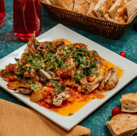 fried chicken garnished with tomato greens