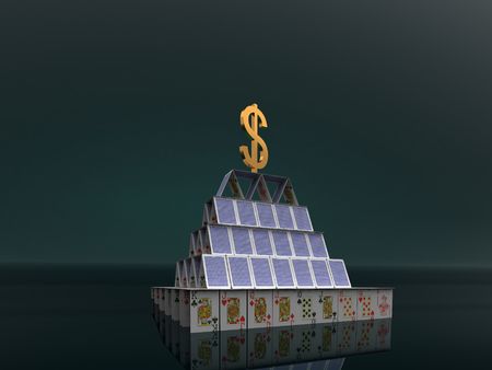 Pyramid from cards. A sign on dollar on top. 3d illustration.のeditorial素材
