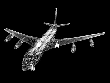Aircraft on runway. Airplane landing, isolated on black. 3d illustration.の写真素材
