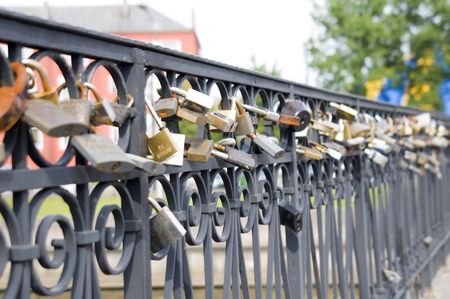High resolution image. The bridge in the city of Kaliningrad with locks hanging on a handrail.の写真素材