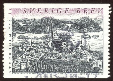 The scanned stamp. The Swedish mark. The ancient city of Stockholm.の写真素材