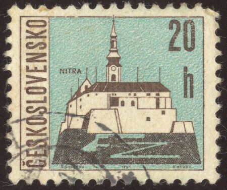 The scanned stamp. Slovatsky mark. At home in a city. City street.の写真素材