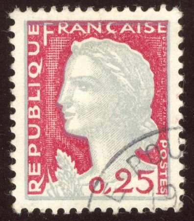 The scanned stamp. The French stamp. Head of the girl a symbol of republic of France.のeditorial素材