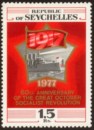 The scanned stamp. Stamp of Sejshelsky islands. Military cruiser.の写真素材