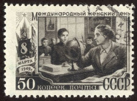 The scanned stamp. The Soviet stamp. Geography lesson at school.のeditorial素材