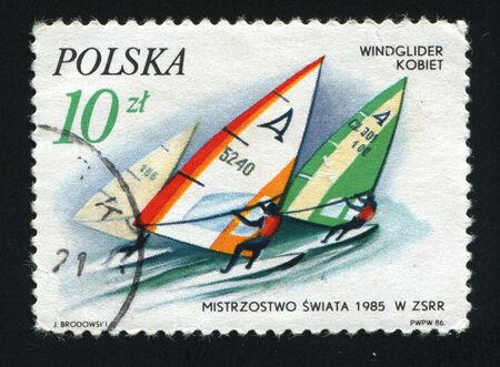 POLAND -CIRCA 1986: Sports competitions on surfing, circa 1986.の写真素材