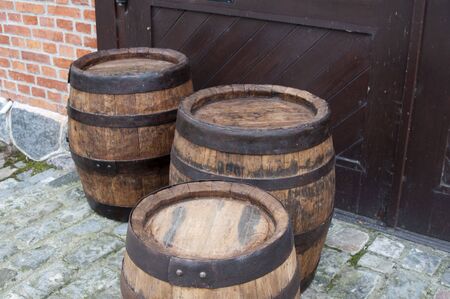 Three old fashionned wood barrel. High resolution image. Wooden barrel.の写真素材