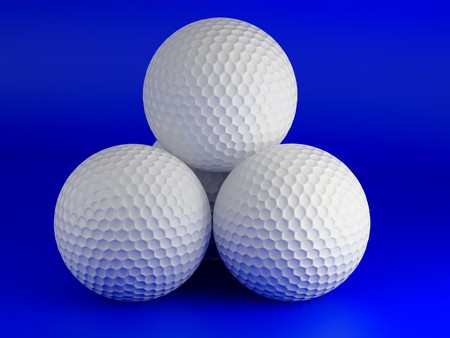 Golf ball isolated on blue. 3d illustration. High resolution image.の写真素材