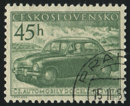 CZECHOSLOVAKIA - CIRCA 1956: stamp printed by Czechoslovakia, shows old auto, circa 1956.の写真素材