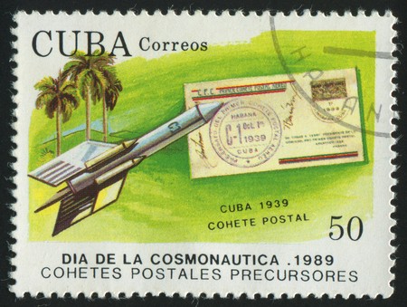 stamp printed by Cuba,  shows rocket and mail covers, circa 1989.の写真素材