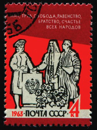 RUSSIA - CIRCA 1963: stamp printed by Russia, shows man, woman, circa 1963.の写真素材