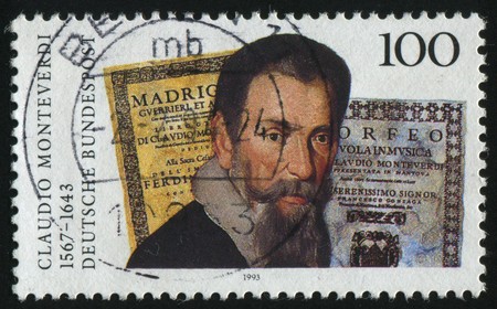 GERMANY- CIRCA 1993: stamp printed by Germany, shows Claudio Monteverdi Composer, circa 1993.のeditorial素材