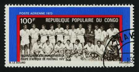 CONGO - CIRCA 1973: stamp printed by Congo, shows football players, circa 1973.のeditorial素材