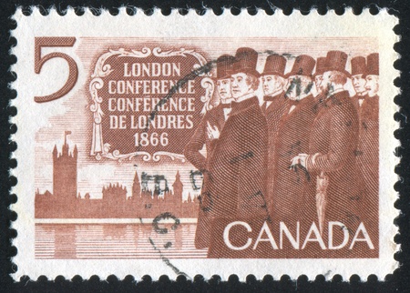CANADA - CIRCA 1966: stamp printed by Canada, shows House of Commons, Thames River and Canadian Delegates, circa 1966の写真素材