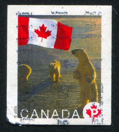 CANADA - CIRCA 2006: stamp printed by Canada, shows Flag and Polar Bears Near Churchill, Manitoba circa 2006の写真素材