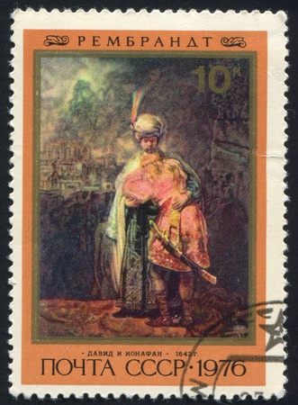 RUSSIA - CIRCA 1976: stamp printed by Russia, shows Holy Family, Rembrandt, circa 1976の写真素材