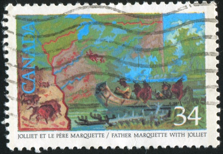 CANADA - CIRCA 1986: stamp printed by Canada, shows Louis Jolliet, Jacques Marquette discovering the...