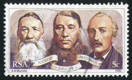 SOUTH AFRICA - CIRCA 1980: stamp printed by South Africa, shows Joubert, Paul Kruger, Pretorius, First Leaders of Triumvirate Government, circa 1980.のeditorial素材