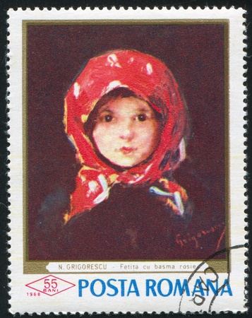 ROMANIA - CIRCA 1968: stamp printed by Romania, shows Little Girl with Red Kerchief, by Nicolae Grigorescu, circa 1968のeditorial素材