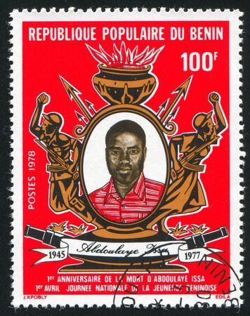 BENIN CIRCA 1978: stamp printed by Benin, shows Abdoulaye Issa, Weapons and Fighters, circa 1978のeditorial素材