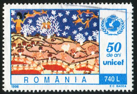 ROMANIA - CIRCA 1996: stamp printed by Romania, shows Childrenâs painting, Winter Scene, circa 1996の写真素材