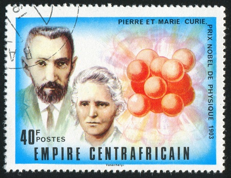 CENTRAL AFRICAN REPUBLIC - CIRCA 1977: stamp printed by Central African Republic, shows Nobel Prize, Pierre and Marie Curie, circa 1977のeditorial素材