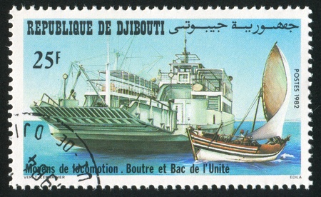 DJIBOUTI CIRCA 1982: stamp printed by Djibouti, shows Dhow, ferry, circa 1982の写真素材