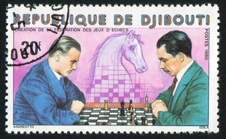 DJIBOUTI CIRCA 1980: stamp printed by Djibouti, shows Chess Players, Knight, circa 1980のeditorial素材