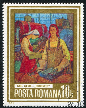 ROMANIA - CIRCA 1973: stamp printed by Romania, shows picture 'Women workers' by Saru, circa 1973の写真素材