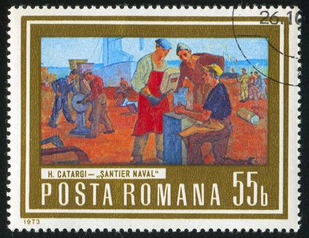 ROMANIA - CIRCA 1973: stamp printed by Romania, shows picture "Shipyard workers" by H. Catargi, circa 1973の写真素材