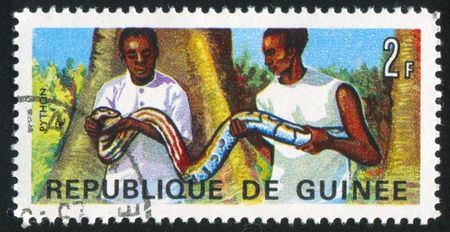 GUINEA CIRCA 1967: stamp printed by Guinea, shows Men holding rock python, circa 1967の写真素材