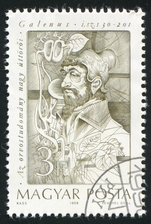 HUNGARY - CIRCA 1989: stamp printed by Hungary, shows Galen, Greek physician, circa 1989のeditorial素材