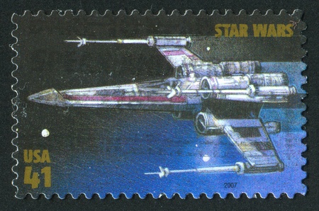 UNITED STATES - CIRCA 2007: stamp printed by United states, shows Star Wars, wing Starfighter, circa 2007のeditorial素材