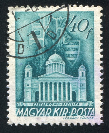 HUNGARY - CIRCA 1938: stamp printed by Hungary, shows Cathedral, Esztergom, circa 1938の写真素材