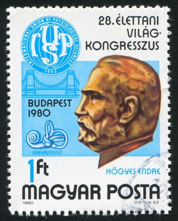 HUNGARY - CIRCA 1980: stamp printed by Hungary, shows Dr. Endre Hogyes and Congress Emblem, circa 1980のeditorial素材