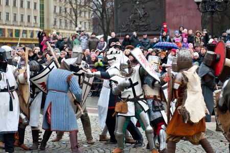 KALININGRAD - JANUARY 8: historical reconstruction knightly battle, January 8, 2012 in Kaliningrad, Russiaのeditorial素材