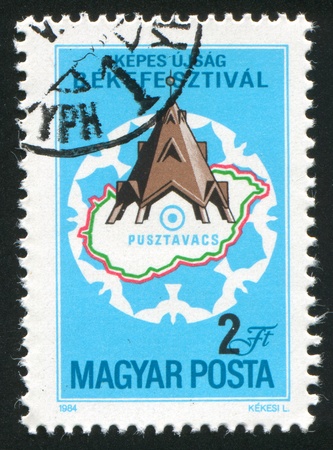 HUNGARY - CIRCA 1984: stamp printed by Hungary, shows Building and Map, circa 1984の写真素材