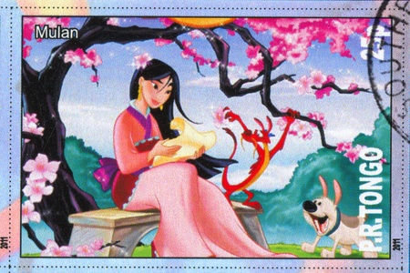 TONGO - CIRCA 2011: stamp printed by Tongo, shows Walt Disney cartoon character, Mulan, circa 2011のeditorial素材