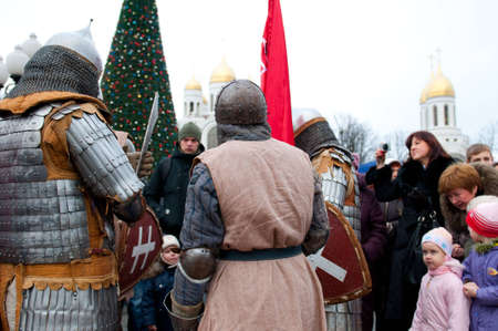 KALININGRAD - JANUARY 8: historical reconstruction knightly battle, Battle of Lake Peipus, January 8, 2012 in Kaliningrad, Russiaのeditorial素材