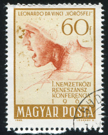 HUNGARY â CIRCA 1965: stamp printed by Hungary, shows Head of Combatant, by Leonardo da Vinci, circa 1965のeditorial素材