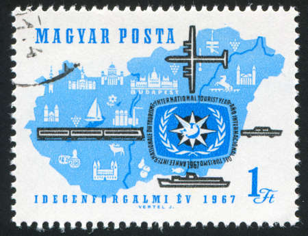 HUNGARY  CIRCA 1967: stamp printed by Hungary, shows map of Hungary and transport for travel, circa 1967のeditorial素材