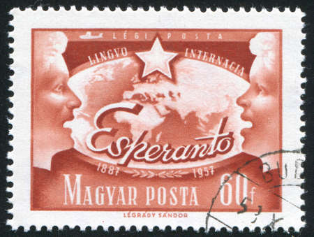 HUNGARY â CIRCA 1957: stamp printed by Hungary, shows speaking people, circa 1957のeditorial素材