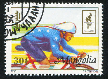 MONGOLIA - CIRCA 1996: stamp printed by Mongolia, shows  cycling, circa 1996のeditorial素材