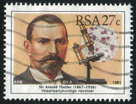SOUTH AFRICA - CIRCA 1991: stamp printed by South Africa, shows Arnold Theiler, veterinarian, circa 1991のeditorial素材
