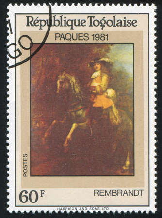TOGO - CIRCA 1981: stamp printed by Togo, shows Rider on Horseback, Rembrandt, circa 1981のeditorial素材