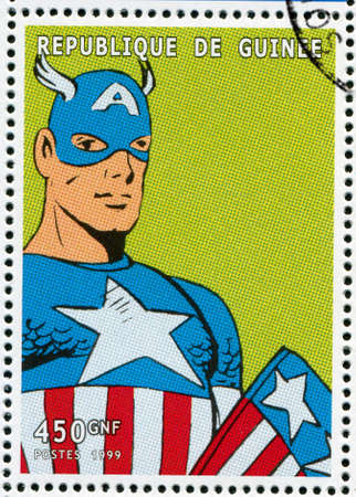 GUINEA - CIRCA 1999: stamp printed by Guinea, shows Captain America, circa 1999のeditorial素材